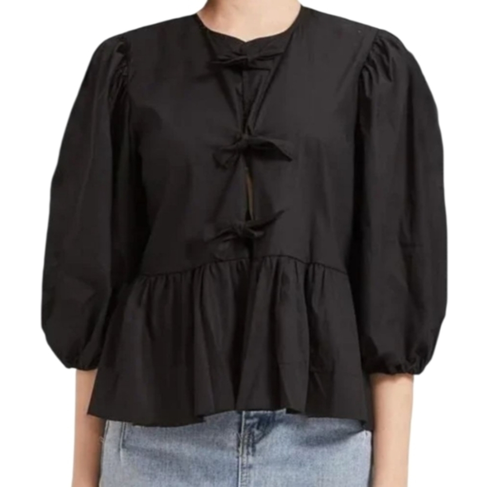 Velvet Heart Black‎ Bow Ties Peplum Puff Sleeve Women's Top Size Medium New